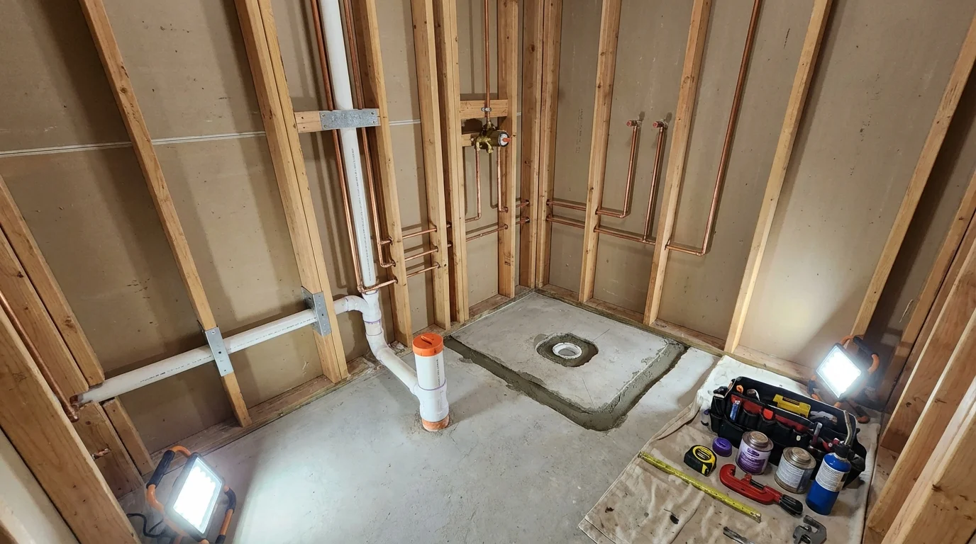 Bathroom rough-in plumbing during remodel by Johns Plumbing LLC in Dimondale