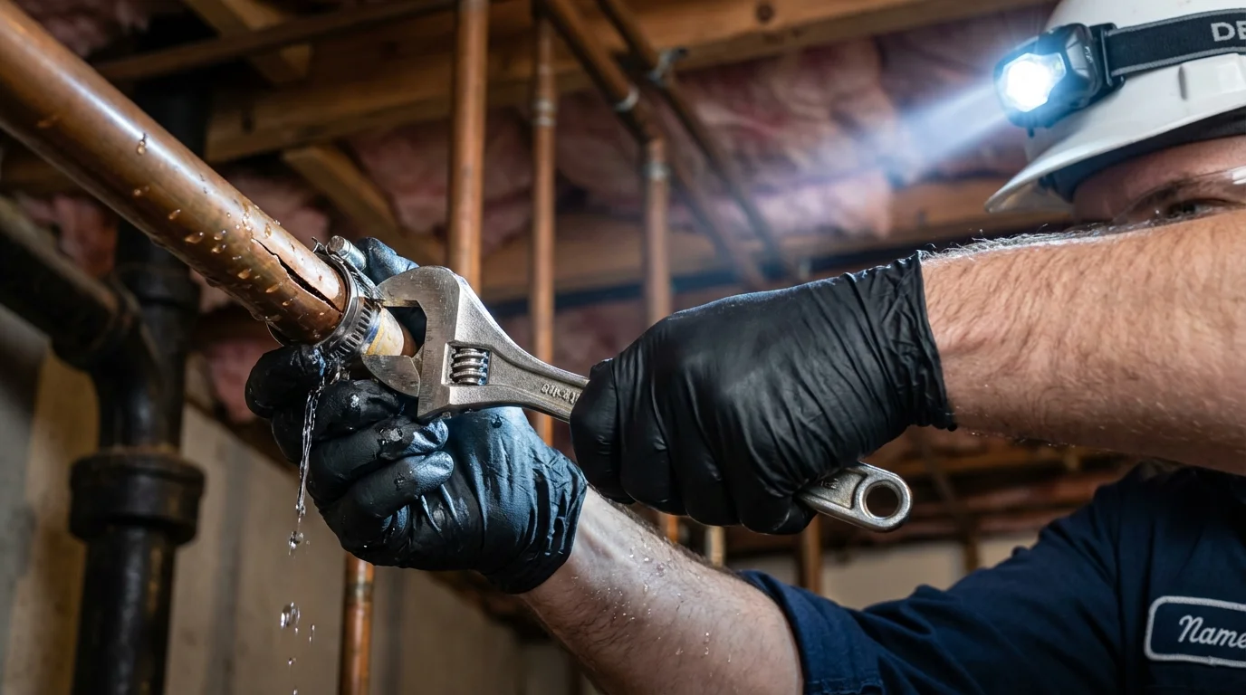 Emergency pipe clamp repair being performed by a Johns Plumbing LLC plumber in Dimondale