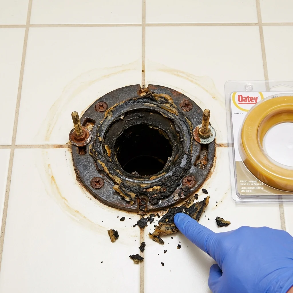 Failed wax ring showing water seepage at the base of a toilet in a Dimondale, MI home