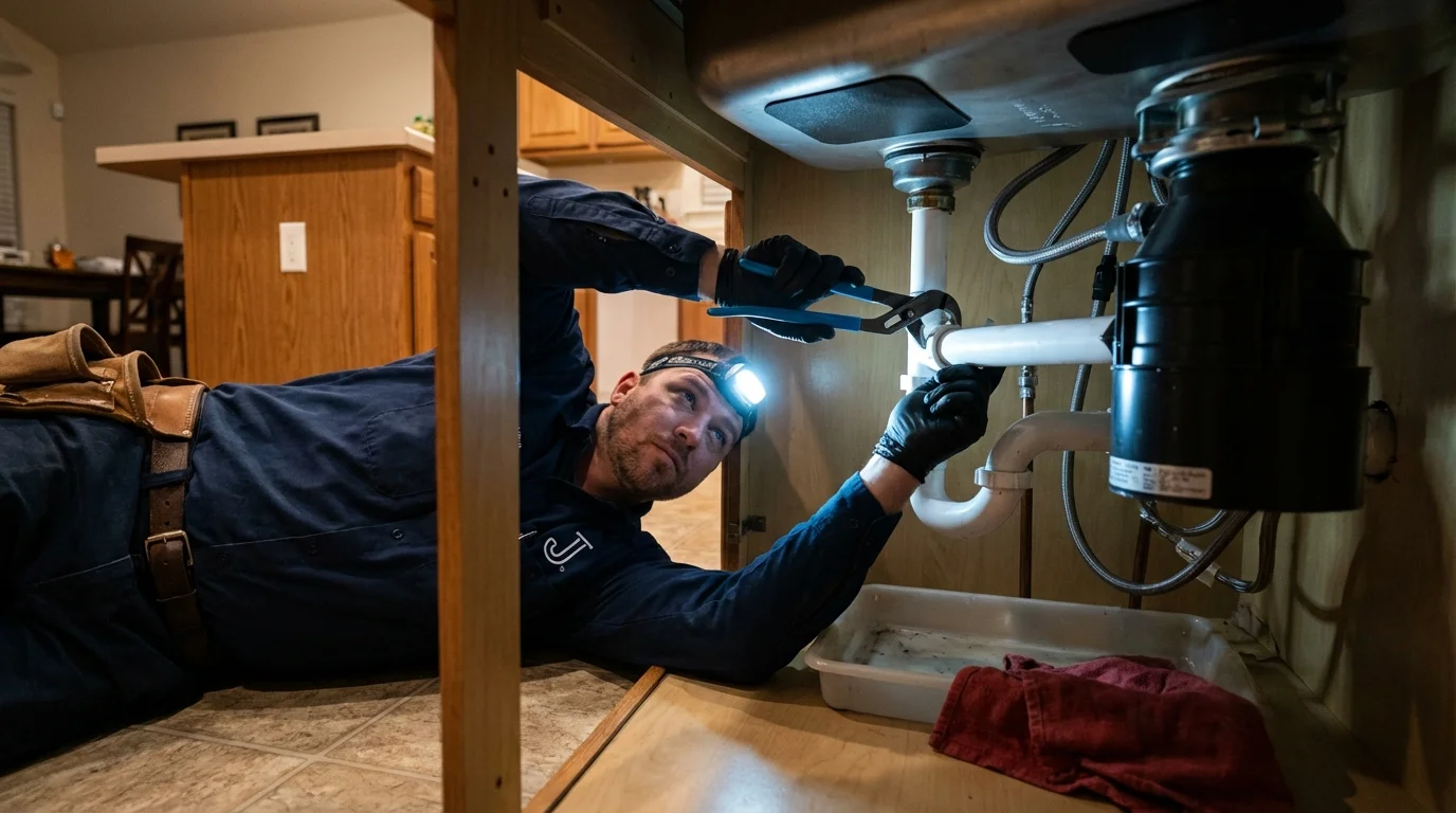P-trap and supply line connections under a kitchen sink showing a common leak point in Dimondale, MI